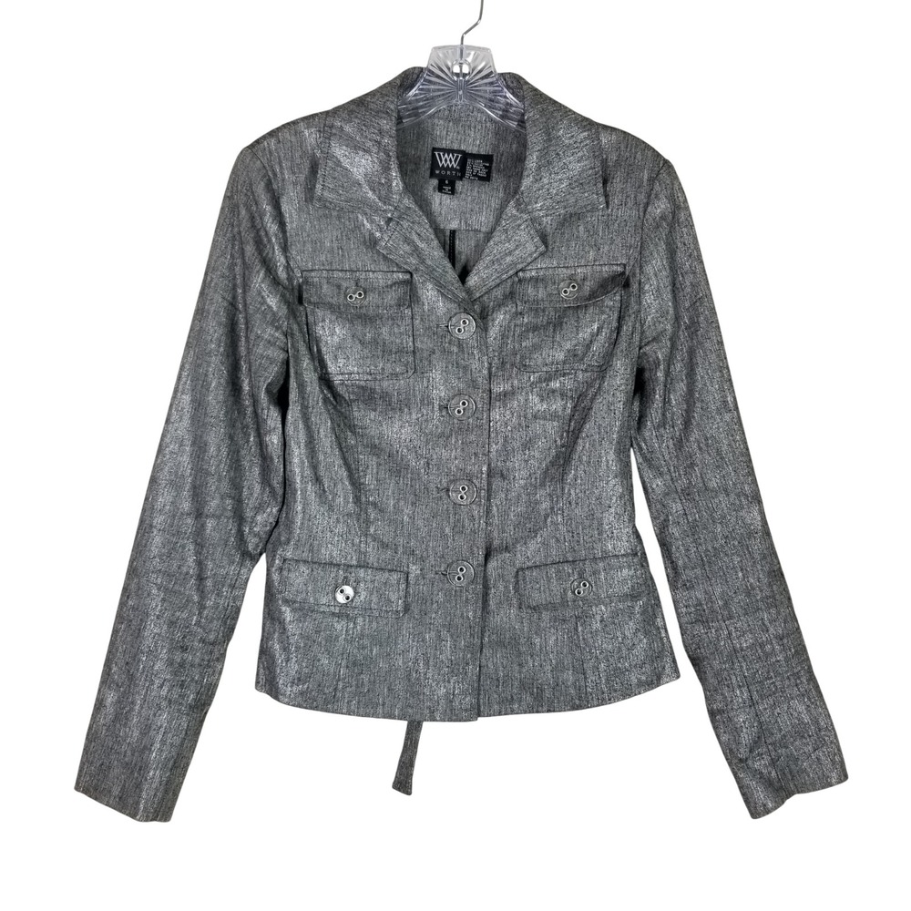 Worth Jacket Women 6 Silver Metallic Linen Blend Utility Blazer Back Tie Pocket